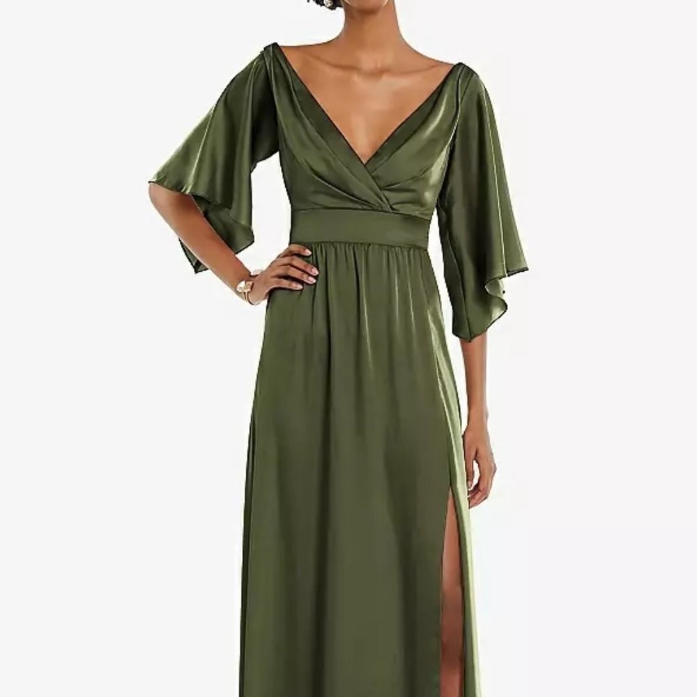 Dessy Asymmetric Bell Sleeve Wrap Maxi Dress with Front Slit.. Sage Green..Sz LG